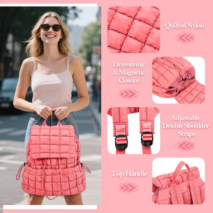 Quilted Puffer Backpack for Women Lightweight Soft Puffy Backpack Purse Casual Daily Drawstring Flap Daypack (Watermelon Red) - color: Watermelon Red