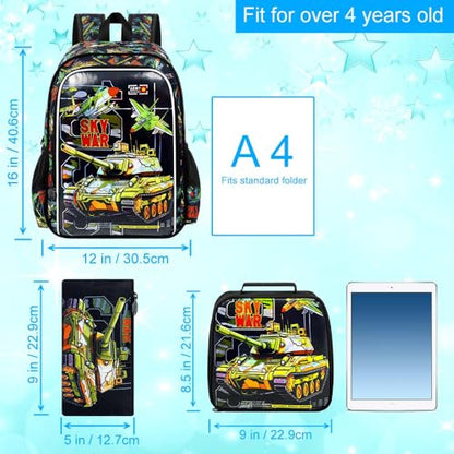 HPJGD 3PCS Tank Backpack for Kids, Water Resistant Boys Bookbag Set with Lunch Box, Cool School Bag for Elementary Preschool Toddler - Green Tank - color: Cool Uv Printed Mighty Tank Green