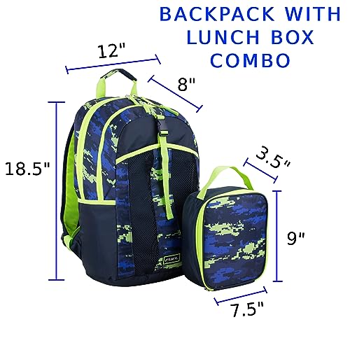 FUEL Lunch Backpack Set Teens Student Water Resistant Bookbag Bag Soft Reusable Insulated Cooler Lunch Box Thermal Travel Office Lunch Bag, Blue w/Neon Digital - color: Blue W/ Neon Camo