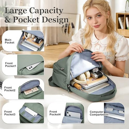 Cute School Backpack for Teens Girls Boys Waterproof School Bag Basic Backpack for College Students Multi Pocket Backpack Lightweight Casual Daypack Backpacks for Women Men（Green） - color: Green