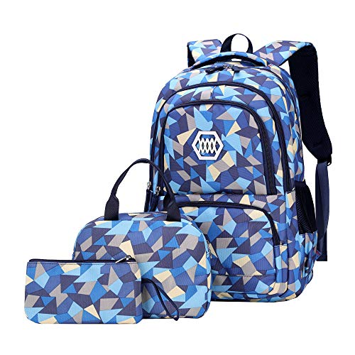 JiaYou Girl Geometric Printed Primary Junior High University School Bag Bookbag 3pcs Backpack Sets(2# Blue-3pcs,19 L) - color: 2# Blue-3pcs, size: 19 L