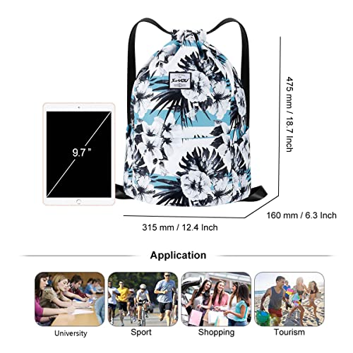 XEYOU Drawstring Sports Backpack Lightweight Gym Yoga Sackpack Shoulder Rucksack Casual Outdoor Daypack for Women and Men | Lightweight - color: Black and White Flower Pattern