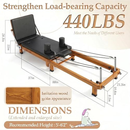 88" Foldable Pilates Reformer,Walnut Wood Grain Metal Frame, Dual Spring & Latex Resistance, Jump Board & Headrest, Adjustable Footbar Space-Saving Home Gym, Ideal - size: 88*21.3*11IN