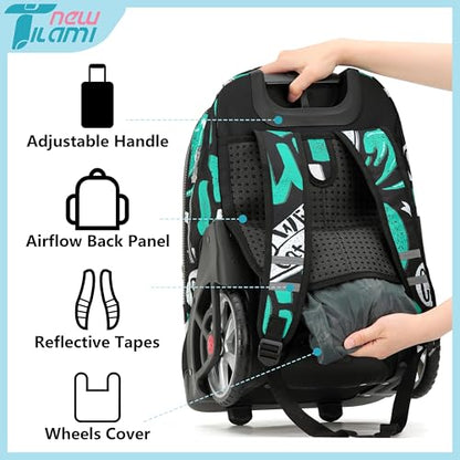 NEW TILAMI 19 inch Rolling Backpack Teens Rolling Backpack Cute Wheeled Laptop Backpack Bookbag Roller Travel Bag College, Surf Rider - color: Green Surf Rider