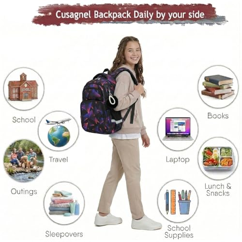 Cusangel kids Backpack for School Boys Girls 6-12ages,16in Bookbag Stitch,durable Water Resistant,7 Pockets, Adjustable Chest Strap,Reflective Strip,Large For Travel,Gifts(Black Purple) - color: Black Purple-17in