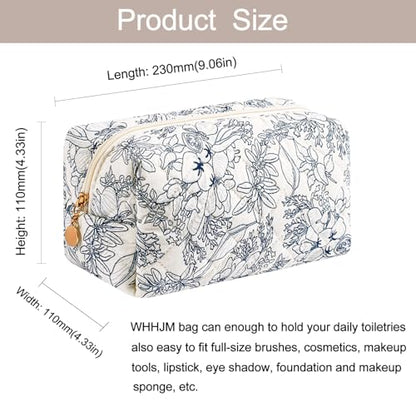 Cute Floral Makeup Bag Small Cotton Quilted Cosmetic Bag, Aesthetic Essential Bag Emergency Bag Gift for Women Girls Travel Accessories (Navy Flowers) - color: A5 Navy Flowers
