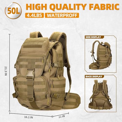50L Military Tactical Backpack 3 Day Assault Pack Molle Daypack Hiking Backpack for Men and Women - color: Khaki 1