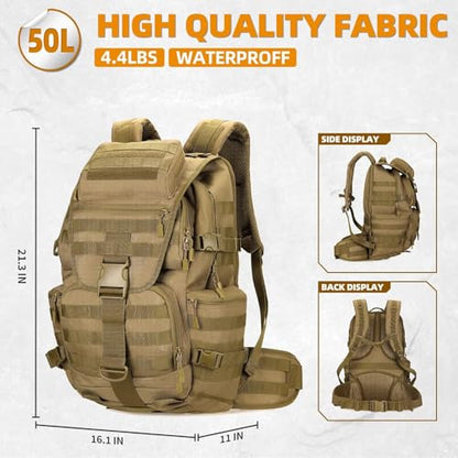 50L Military Tactical Backpack 3 Day Assault Pack Molle Daypack Hiking Backpack for Men and Women - color: Khaki 1