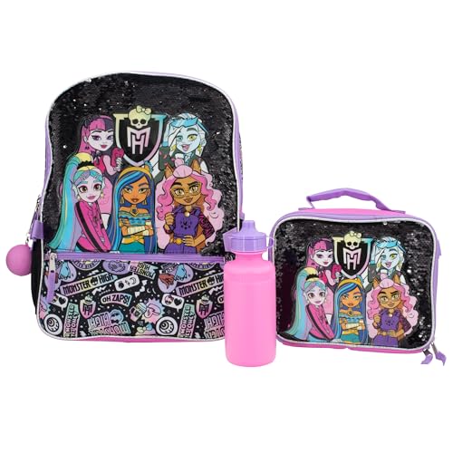 AI ACCESSORY INNOVATIONS Monster High 4 Piece Backpack Set, Clawdeen Wolf, Cleo DeNile, Dracularua, Frankie Stein, & Lagoona Blue Bookbag, Flip Sequins 16” School Bag, Black & Pink - color: Monster High