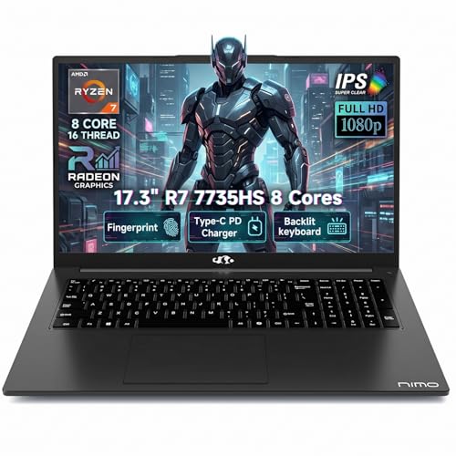 NIMO 17.3" Gaming Laptop, AMD Ryzen 7 7735HS 8 Cores, 8GB DDR5 256GB SSD, Windows 11, FHD IPS 180° View, Fingerprint, Backlit Keyboard, 100W Fast Charging, WiFi 6E Computer, for Business & Student - color: Black, style: 8GB RAM | 256GB SSD
