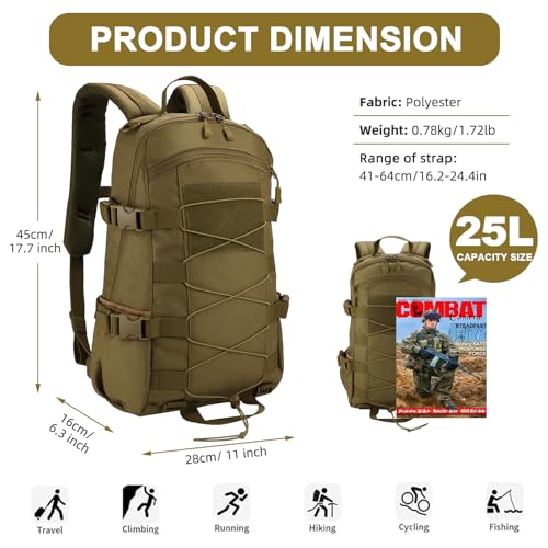 25L Hiking Backpack Small Tactical Backpack Daypack Camping Trekking Hunting Molle Pack for Men Women, Khaki - color: Khaki