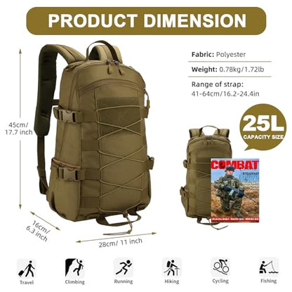 25L Hiking Backpack Small Tactical Backpack Daypack Camping Trekking Hunting Molle Pack for Men Women, Khaki - color: Khaki
