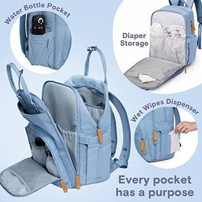 RUVALINO Diaper Bag Backpack-Multifunction Baby Travel Bag with Changing pad, Insulated Bottle Holders & Pacifier Case, Large Capacity, Waterproof, Sky Blue - color: Sky Blue