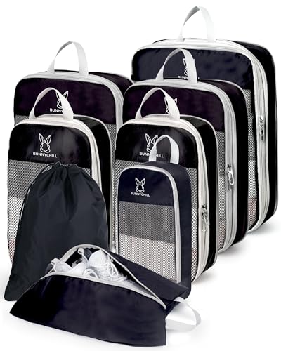 6/8 Sets Compression Packing Cubes for Travel, Bunnychill Portable Zipper Packing Cube for Cloting, Expandable Space Saver Storage Luggage Organizer Bags for Suitcases - color: Black, size: 8 Pcs(XL,L*2,M*2,S,laundry bag,shoes bag)