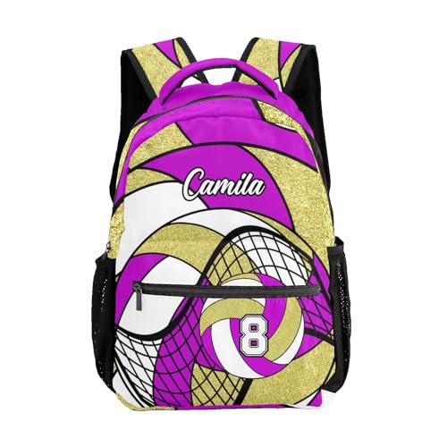 Volleyball Rose Purple Gold Shoulders Bags Daypack with Name Personalized School Bookbag for Sports Party Traveling - color: Volleyball Rose Purple Gold