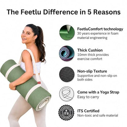 Extra Thick Yoga Mat with Carry Strap, 10mm Non-Slip Exercise Mat, 72 x 24 Inch Cushioned Workout Mat for Yoga, Pilates, Stretching & Floor Exercises - color: Green & Cream