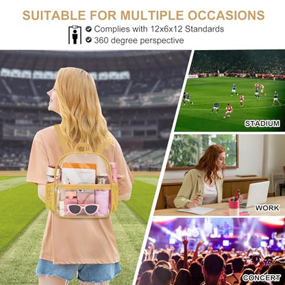 Oraben Clear Backpack Stadium Approved, 12 x 6 x 11 in, Small Transparent Backpack for Concerts, Sports Events, Festivals, Travel, Waterproof PVC, Adjustable Straps, Women Men - color: Gold, style: Nylon Shoulder Straps