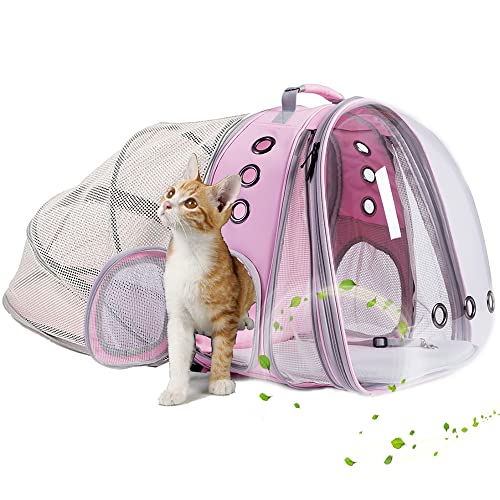 Dual Expandable Cat Backpack Carrier, Fit up to 20 lbs, Expandable Pet Carrier Backpack for Cat and Small Puppy - color: Pink
