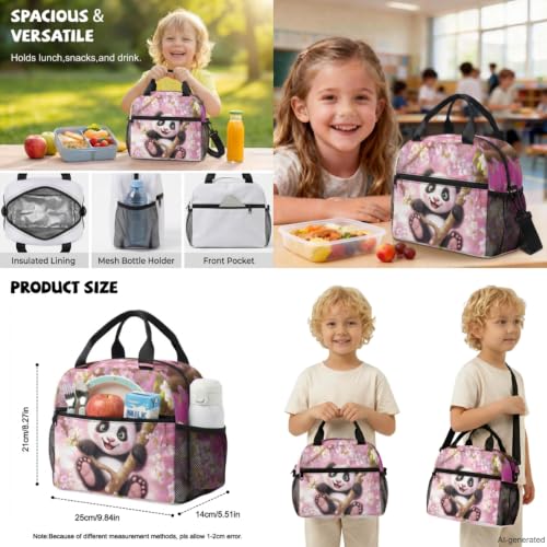 ZDCUSTOM Pink School Backpack for Girls 6-8 Years Old with Lunchbox Panda Bookbag for Preschool Elementary School Kids Children School Bag with Pencil Case Cherry Blossom Backpack Sets 5 PCS - color: Pink Panda