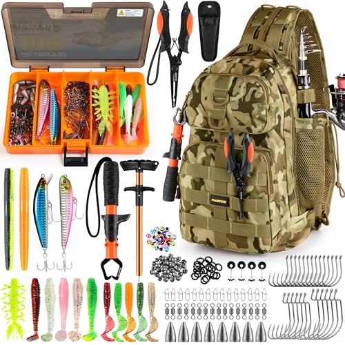 PLUSINNO Fishing Backpack with Tackle Boxes, Waterproof Sling Tackle Bag For Fishing Gear With Rod Holder, Fish Gifts for Men With Fish lures, Fish pliers. - color: Khaki Fishing Backpack With Fishing Tools