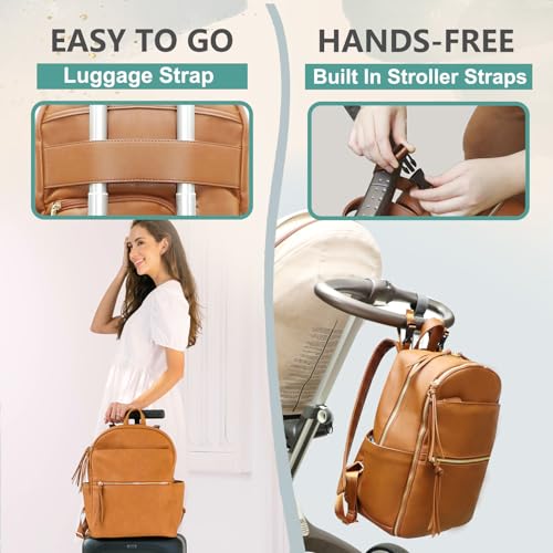 MOMINSIDE Diaper Bag Backpack Leather Diaper Bag with 6 Insulated Pockets, Baby Bag for Mom Dad, Baby Registry, Changing Pad, Stroller Straps,Diaper Backpack Diaper Bag Leather(Biscuit) - color: Biscuit