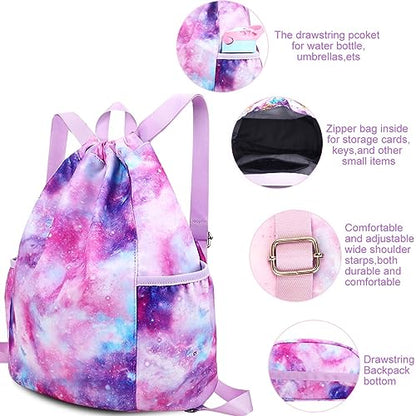 RHCPFOVR Drawstring Backpack for Kids - Mermaid Bags for Girls Gym Dance Beach Swim Travel Bag With Two Water Bottle Holde - color: Galaxy