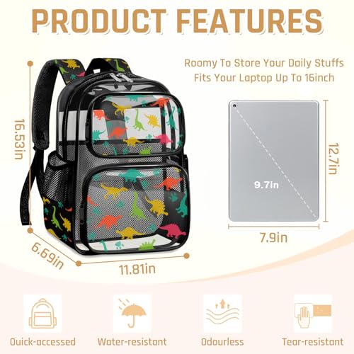 Clear Backpack for Boys and Girls,Kids Clear Backpacks for School,Heavy Duty Transparent Bookbag Stadium Approved - color: Black-dinosaur-backpack Only