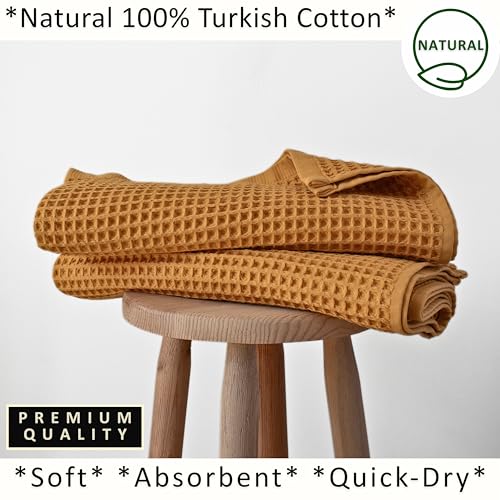 PÜSKÜL Natural 100% Turkish Cotton Waffle Bath Towels Set of 2-Piece | 32x63 Extra Large Absorbent Quick-Dry Lightweight Spa Towel | Luxury Sauna Accessories (Mustard Yellow Bath Towels - Pack of 2) - color: Mustrad Yellow