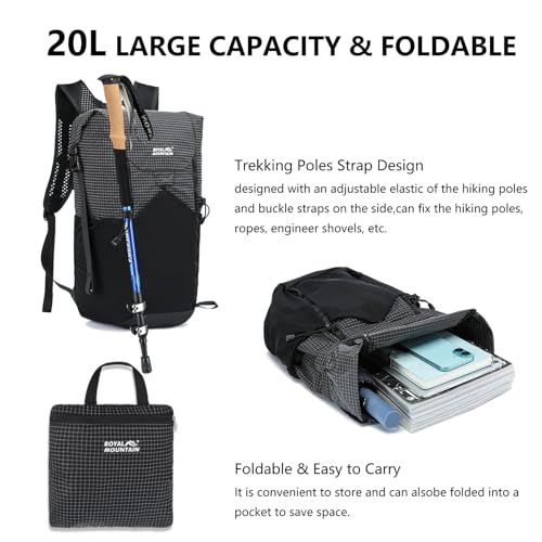 Hiking Backpack For Women&Men, 20L Lightweight Foldable Water Resistant Packable Travel Small Hiking Backpacks, Daypack Backpacks For Travel, Camping (Black) - color: Black