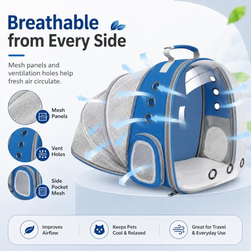 Expandable Cat Carrier Backpack with Bubble Window, Blue - color: Blue