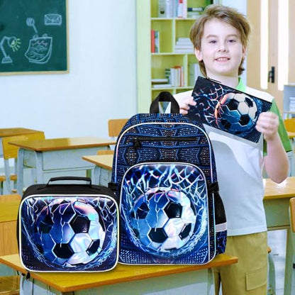HPJGD 3PCS Backpack for Kids, 17" Boys Soccer Preschool Bookbag Set with Clip-On Lunch Box, Water-Resistant School Bag for Elementary - Thrash Net Soccer - color: Uv Printing Net Soccer Clip-on Backpack