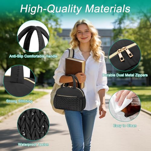 Coobiiya Quilted Puffer Insulated Lunch Bag Women Men, Cute Cotton-Like Taslan Lunch Box for Women Men, Thermal Waterproof Cooler Bag Large Capacity for Work Picnic Travel（Black） - color: Black Woven Cotton