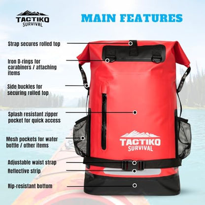 TACTIKO 35L Heavy-Duty 100% Waterproof Backpack, Roll Top Dry Bags for Kayaking, Hiking, Camping, Survival - color: Red