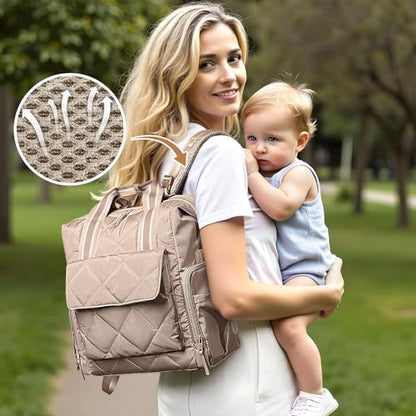 Omanmoli Diaper Bag Backpack Quilted Baby Diaper Bag Lunch Backpack Pañaleras Para Bebe for Working Moms with 11 Pouches,Large Insulated Cooler Compartment,Stroller Straps,Changing Pad,Khaki - color: Khaki