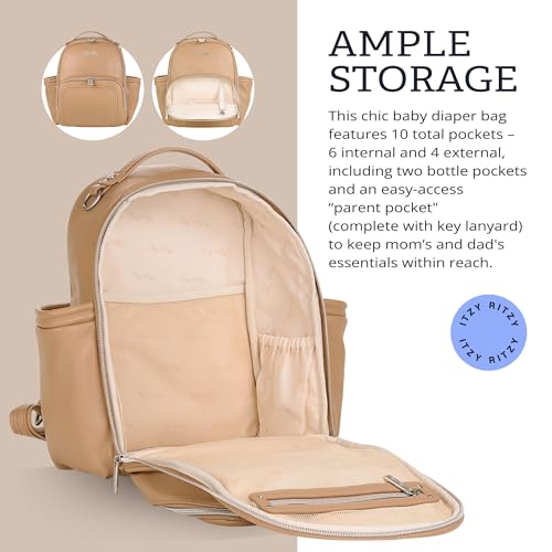 Itzy Ritzy Mini Diaper Bag Backpack – Chic, Compact Mini Plus Backpack with Changing Pad, 10 Pockets (6 Internal, 4 External), Grab-Top Handle & Rubber Feet (Chai) - color: Chai - Plus