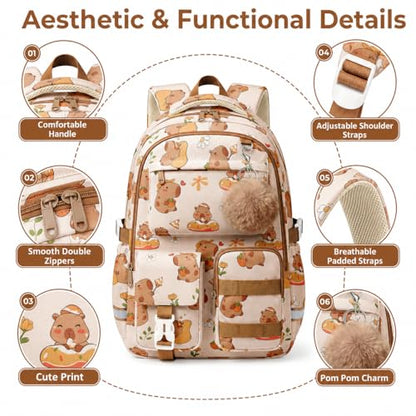 WOBAGMEN Cute Capybara Backpack for Teen Girls, Large Capacity Multi-Pocket School Bag Fits 15.6" Laptop, Lightweight Durable Daypack for School and Travel (Capybara, M) - color: Capybara