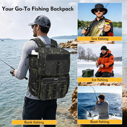 MGB Fishing Tackle Backpack with Rod Holders & YKK Zipper, 46L Fishing Bag with Bottle Holder, Storage Bag Store Fishing Gear - color: Green+black Camo（without Tackle Box）