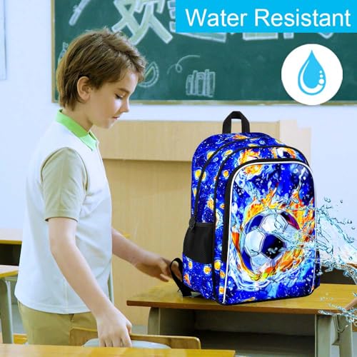 HPJGD 3PCS Soccer Backpack for Boys, Water Resistant Kids Bookbag Set with Lunch Box, Cool School Bag for Elementary Preschool Toddler - Fire & Water Soccer - color: Cool Uv Printed Fire and Water Soccer Blue