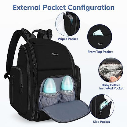 Mancro Backpack Diaper Bag, Waterproof Boy Travel Bag for Dad and Men, Large Multi-Function, Many Pockets, Lightweight, Stylish Diaper Backpack, Black - color: Black