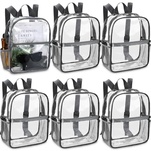 Sweetude 6 Pcs Clear Backpack bulk 11.4 x 9.5 x 5.1 Inch Bag Stadium Approved Plastic Transparent Backpack with 2 Water Holders (Gray) - color: Gray