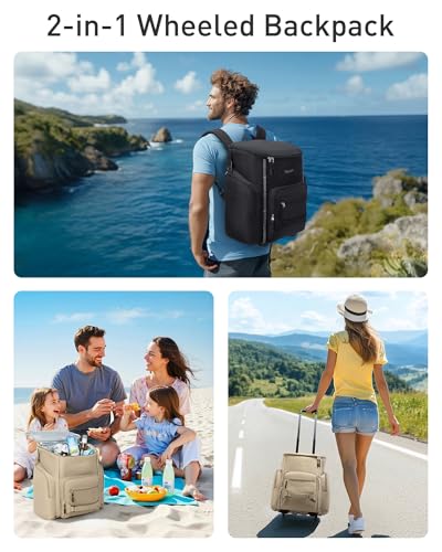 TOURIT Insulated Rolling Cooler Backpack, Leakproof Waterproof Beach Cooler Bag with Wheels and Handle, Outdoor Camping Picnic Travel - color: 01-Brown, style: 36 Cans