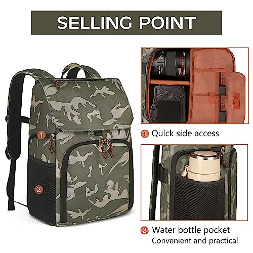BOLOSTA Camera Backpack Bag Professional DSLR SLR Camouflage Camera Backpack for Photographers Waterproof Large Capacity Camera Case with Fit 15.6" Laptop Compartment & Tripod Holder