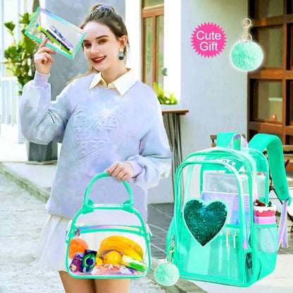 gxtvo 3PCS See Through Backpack Heavy-Duty Set for Women & Teen Girls, 17" Clear Bookbag with Rainbow Strap, Green Sequins Transparent School Bag - color: Green Sequins Clear Backpack Set