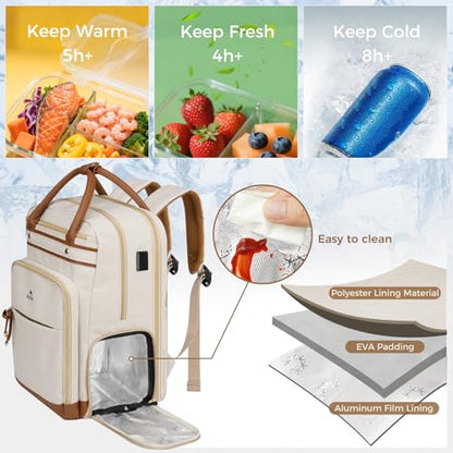 MATEIN Teacher Backpack with Lunch Compartment Detachable, 15.6 Inch Laptop Backpack with Organized Pocket, College Computer Work Backpacks Meal Prep Bag Gift for Women Nurse Commute Office - color: Beige