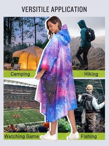 SaphiRose Extra Thick Hooded Rain Poncho Double Layer Waterproof Raincoat Jacket for Men Women Adults - color: Universe