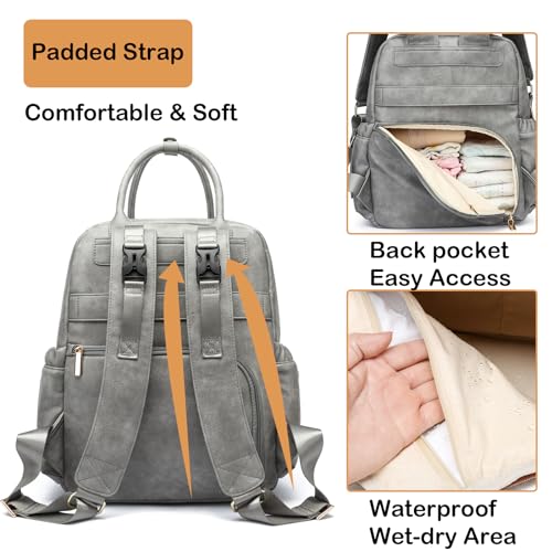 Leather Diaper Bag Backpack for Women with Multiple Pockets,Laptop Compartment and Changing Pad. - color: Grey