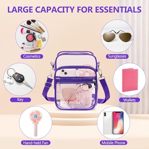 Blvornl Clear Crossbody Bag with Adjustable Shoulder Strap, Stadium Approved PVC Purse Bag, Messenger Bag - color: Purple, size: Small