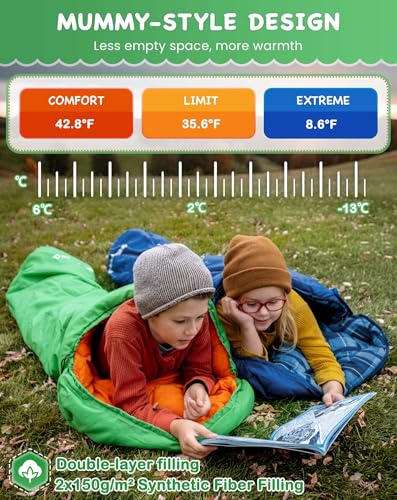 KingCamp 45°F Kids Sleeping Bag, Lightweight Waterproof & Compact Flannel Sleeping Bags Cold Weather & Warm Youth Essentials Gear Accessories for Camping, Fits 10-12 Children up to 4'7"-5'5" Tall - color: Mummy 8.6°F ~42.8°F Green