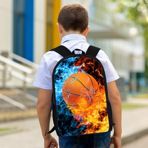 Basketball Backpack Set for School,17 Inch Casual School Bags with Lunch Box, Kids Daypack Bags and Pencil Case Set for Teens Boys Men Students - color: Ice&fire-basketball