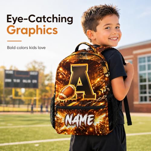 COZYAURA Boys Backpack - Personalized Football Backpack with Initial Name - 17 Inch Kids Bookbag for Elementary Kindergarten, Lightweight Sports School Bag Daypack - color: Brown